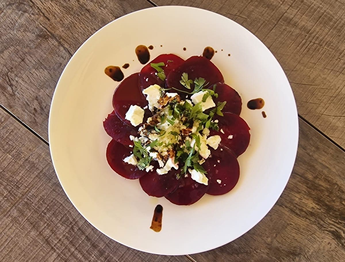 Boiled beetroot, feta and green herb salad