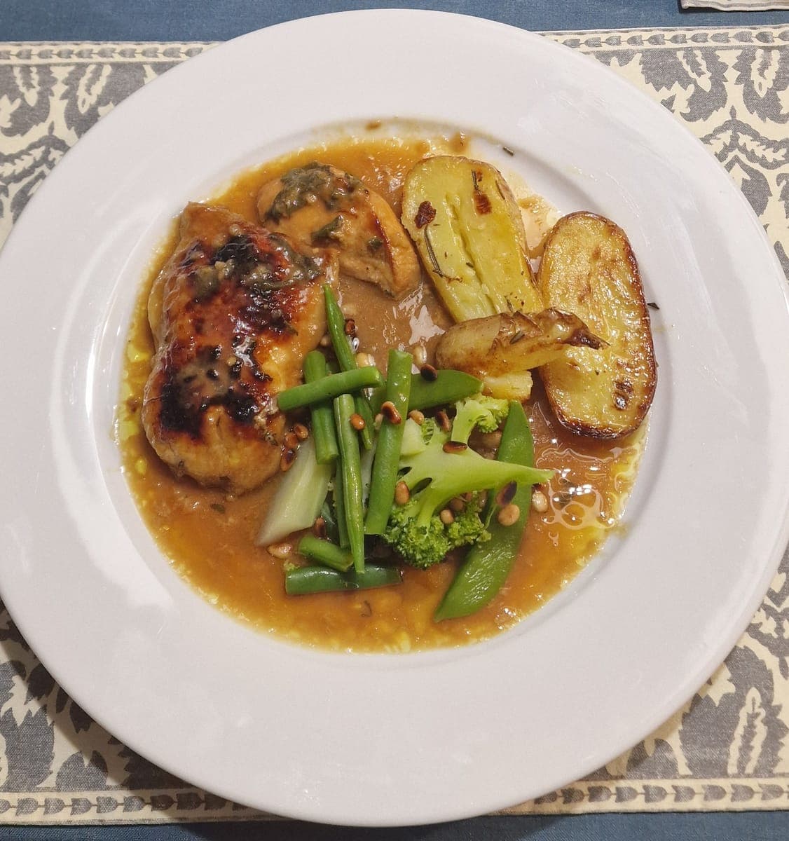 Chicken with honey, orange and ginger sauce, rosemary roast potatoes and steamed greens