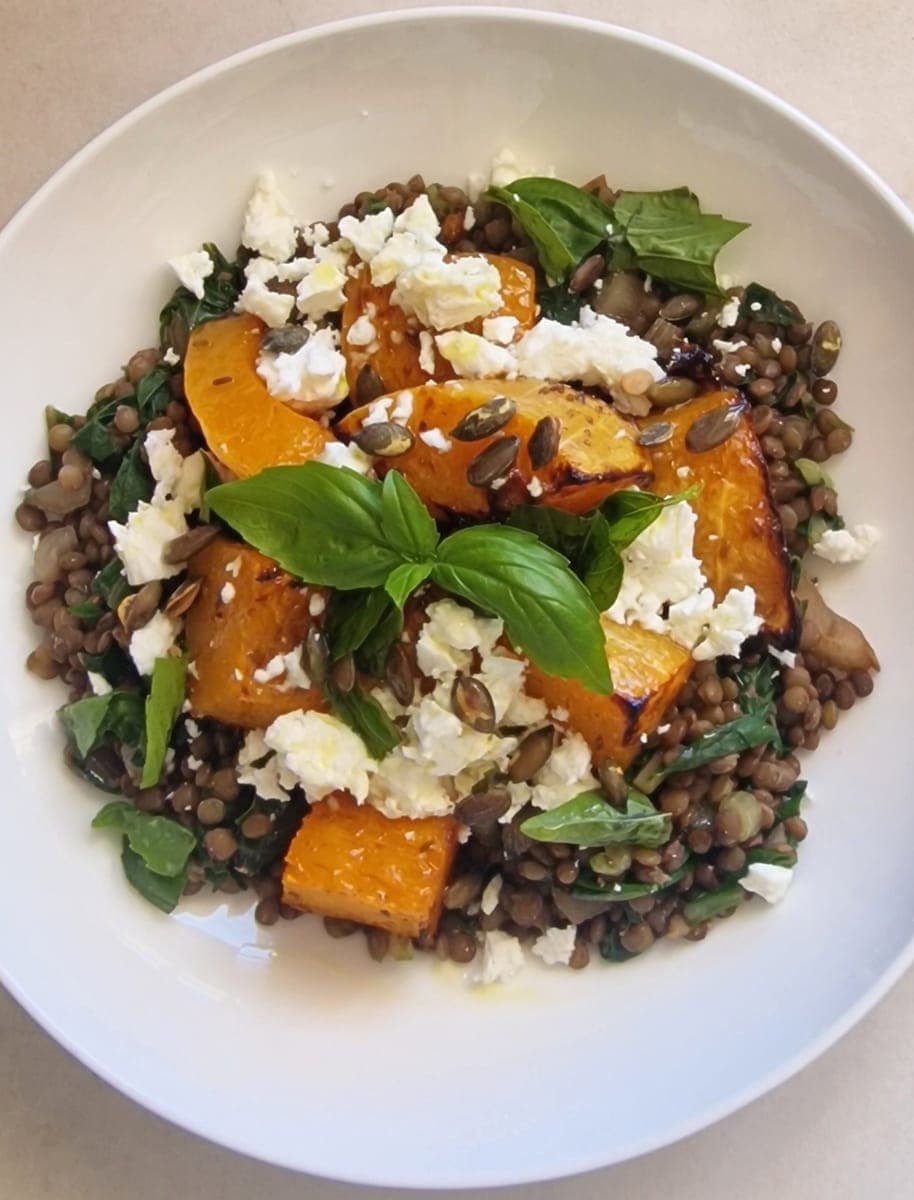 Vegetarian lentils with honey-roasted butternut squash and feta